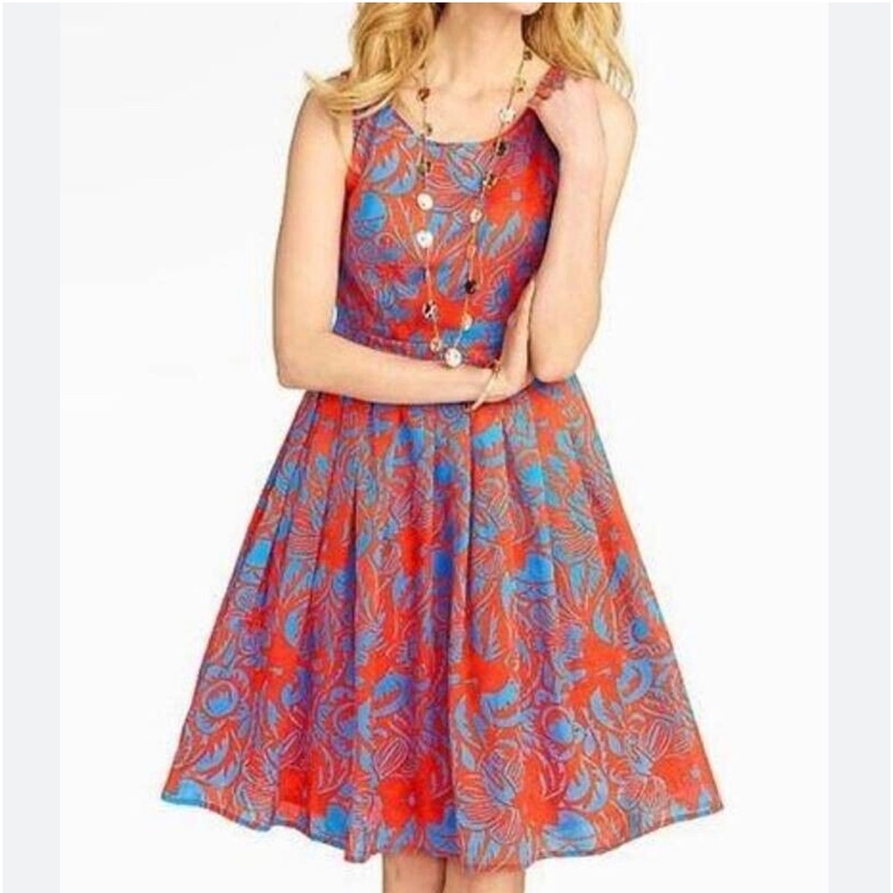 Talbots, pleated, orange, and blue, A-line dress. Size 10p